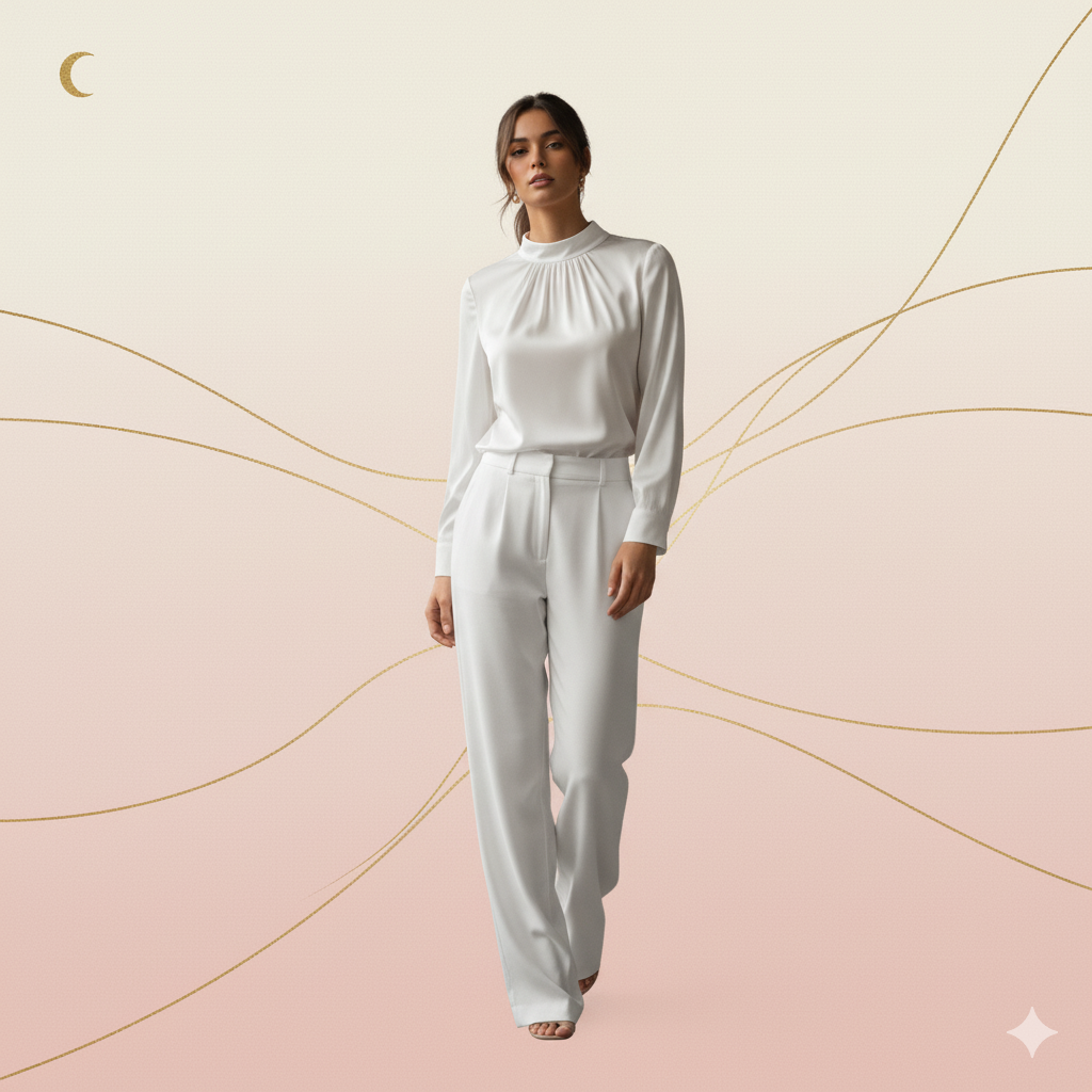 Modelo vestindo uma blusa branca elegante em um fundo com tons pasteis.