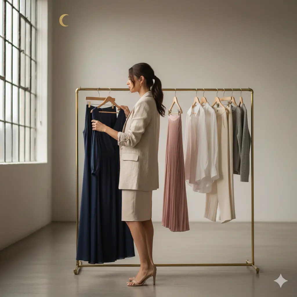Detalhe de uma arara de roupas com peças da Lunna Modas em tons neutros e pasteis.