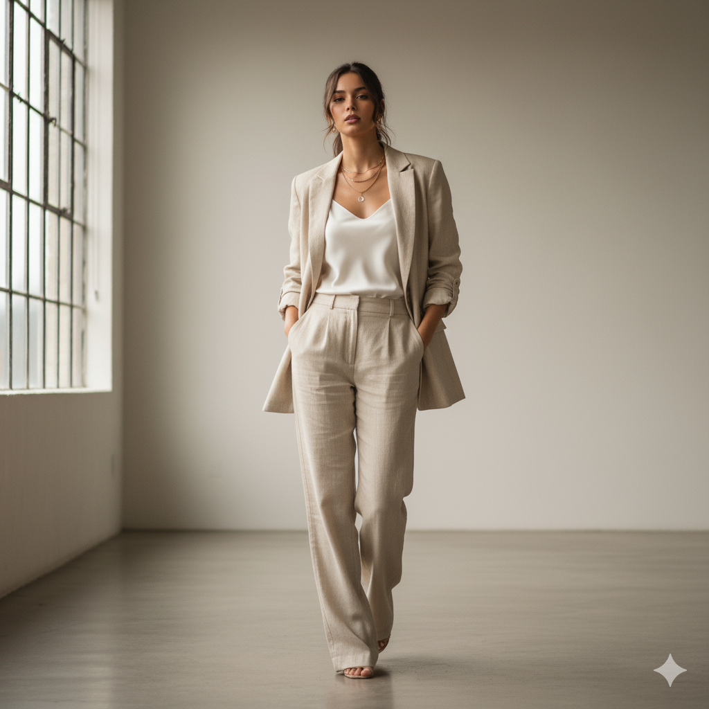 Blazer de linho fino na cor bege.