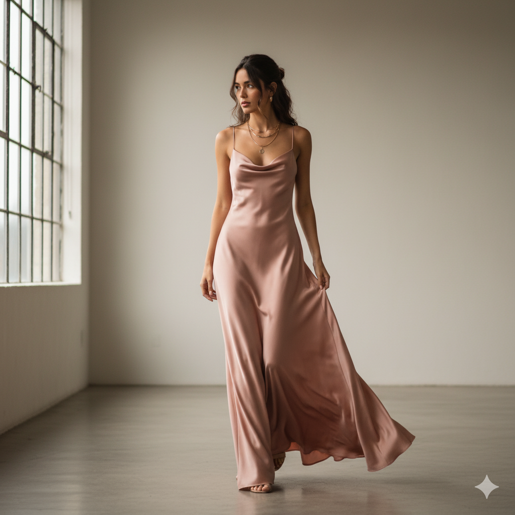 Vestido de seda pura na cor rosa pastel.
